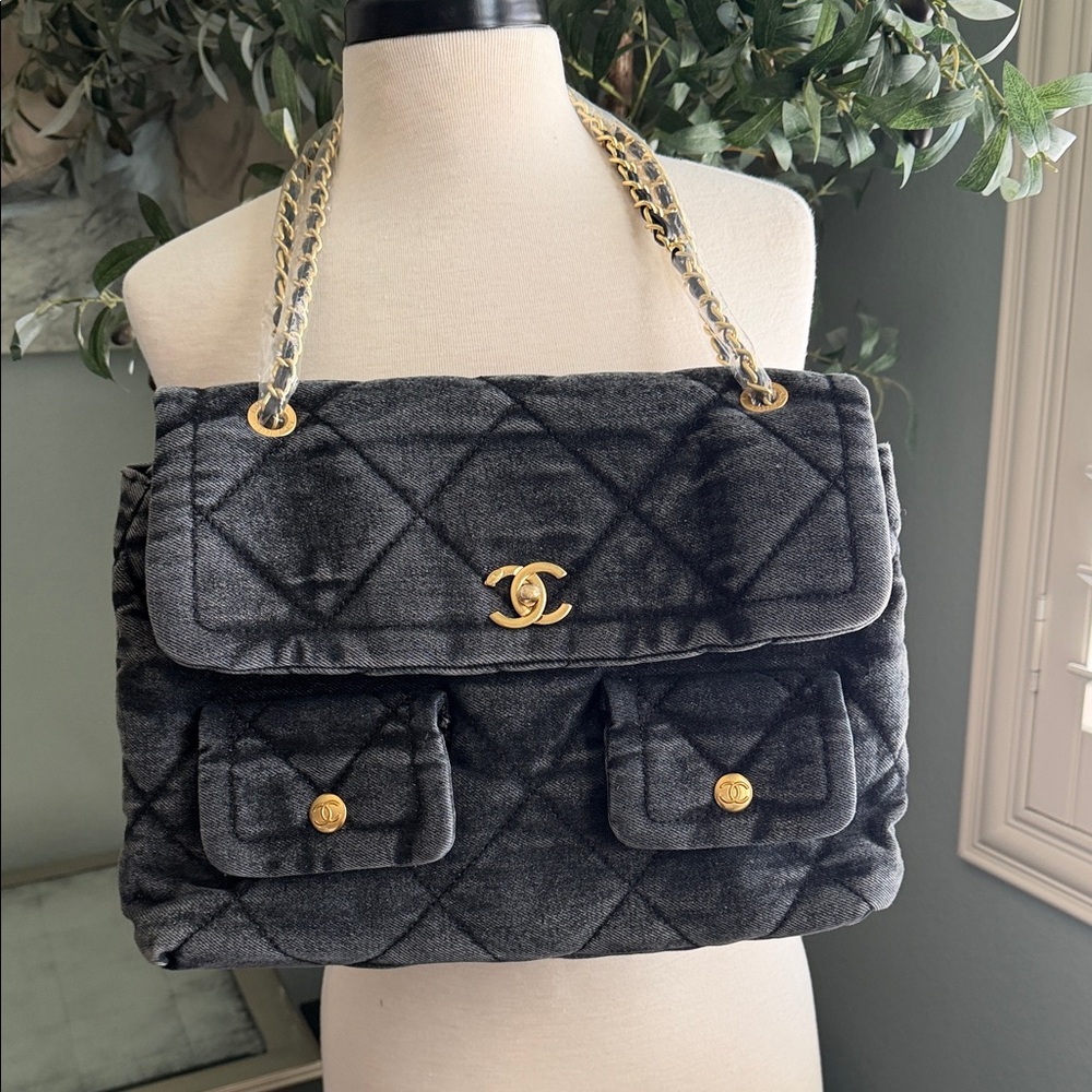 CHANEL Quilted Charcoal Denim Shoulder Bag with Gold Hardware